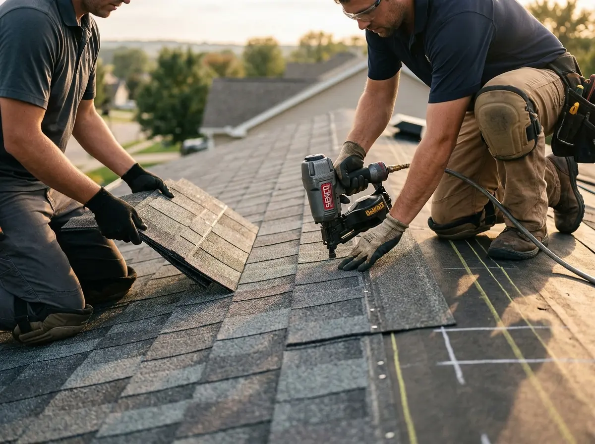 Professional roofer working on a residential roof in Culpeper
